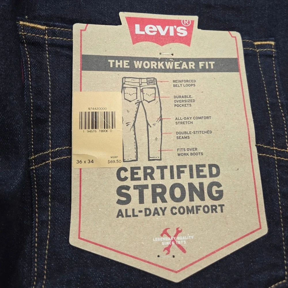 Levis Workwear Fit Jeans Mens 36x34 Dark Wash Straight Leg Stretch Denim NEW